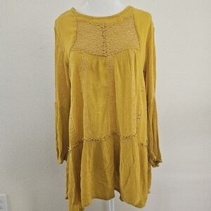 ADIVA Mustard Yellow Boho Tunic with Lace Detail Csual Chic Top Size Small.